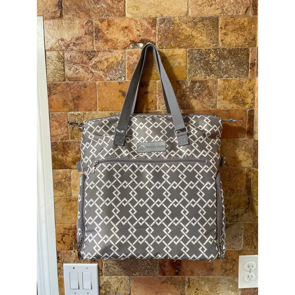 Sarah Wells Pump Bag Gray Geometric Diaper Tote Multi Pocket Nylon Laptop Baby